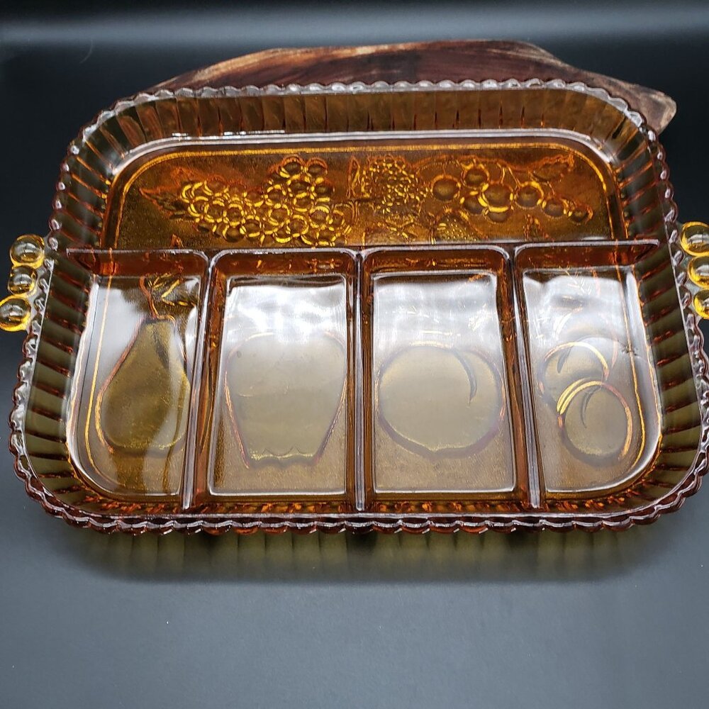 Indiana Glass Fruits Amber 5 Part Relish Tray Rectangular 12" Vintage